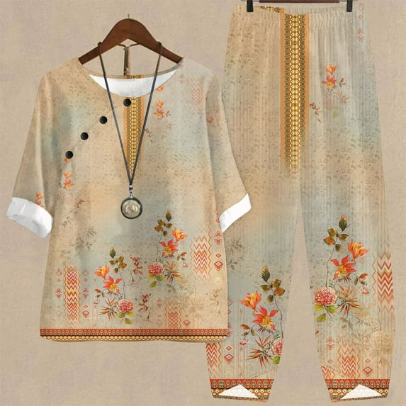 Edvintorg Matching Sets for Women Cotton Linen Summer Vintage Printed Half Sleeve Round Neck Cropped Top + Casual Pants Sets Two Piece Lounge Set Gold L