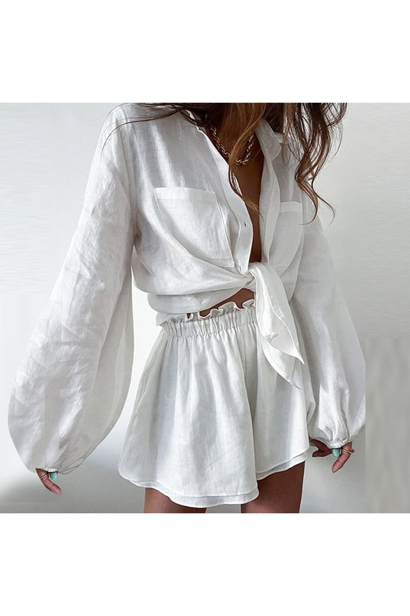 Matching Sets for Women Summer Cotton Linen Shorts Sets Women's Summer New Casual Solid Color V-Neck Shirt Holiday Outfits White XL