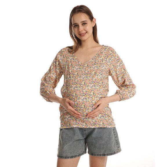 Edvintorg Maternity Tops for Pregnant Women V Neck Long Sleeve Small Floral Blouse Shirt Pregnancy Clothes Ropa Premama Embarazadas