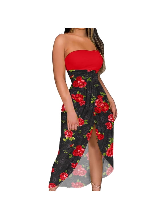 Maxi Dress for Women Summer Printed Strapless Casual Long Dresses Beach Split Party Club Dress Jupe Longue Femme