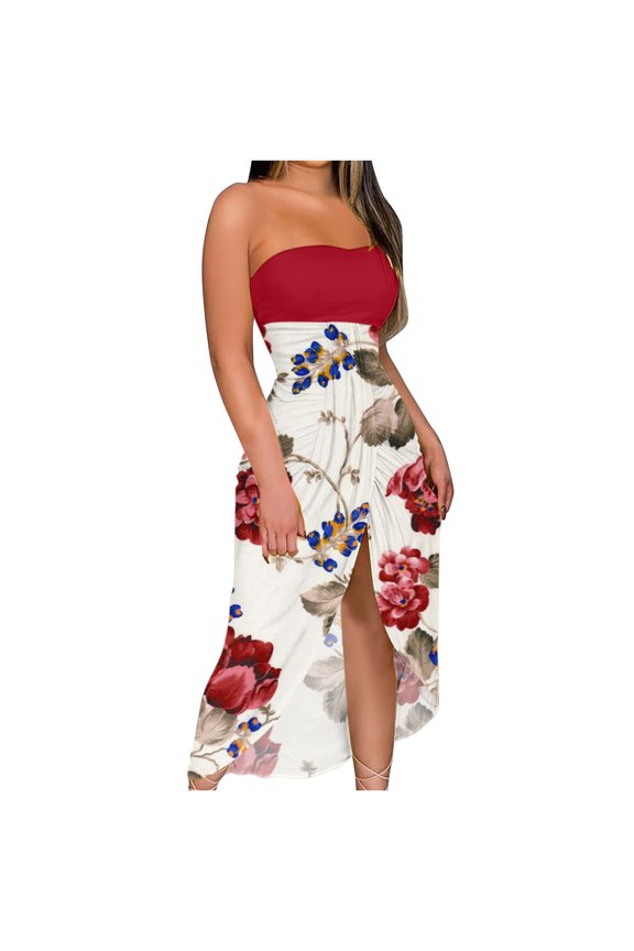 Maxi Dress for Women Summer Printed Strapless Casual Long Dresses Beach Split Party Club Dress Jupe Longue Femme