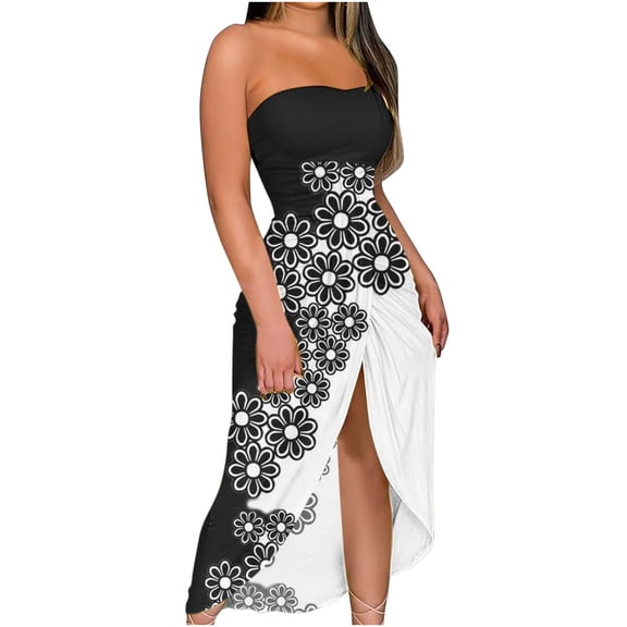 Edvintorg Maxi Dress for Women Summer Printed Strapless Casual Long Dresses Beach Split Party Club Dress Jupe Longue Femme