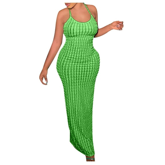 Edvintorg Maxi Dress Womens Fashion Summer Round Neck Sleeveless Sexy Solid Party Club Long Dress Birthday Outfits Women Green L