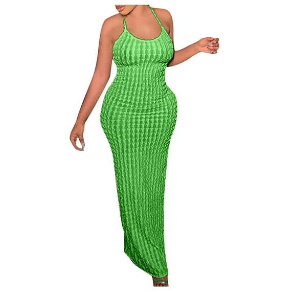 Edvintorg Maxi Dress Womens Fashion Summer Round Neck Sleeveless Sexy Solid Party Club Long Dress Birthday Outfits Women Green L