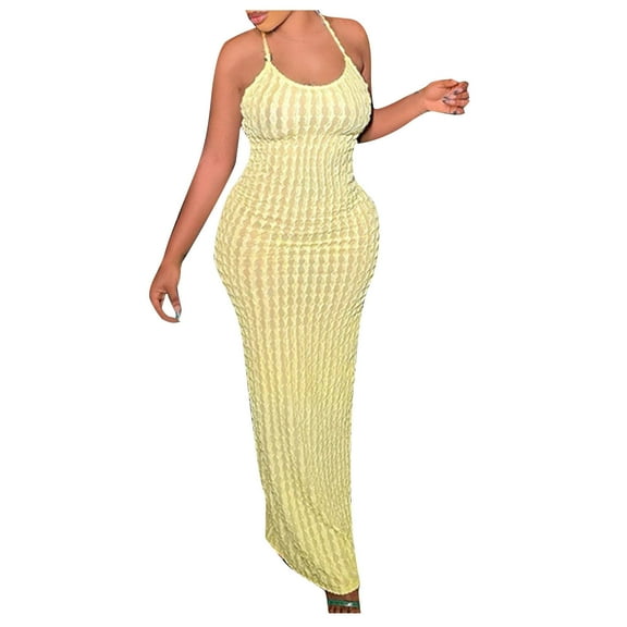 Edvintorg Maxi Dress Womens Fashion Summer Round Neck Sleeveless Sexy Solid Party Club Long Dress Birthday Outfits Women Yellow M