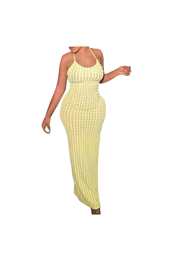 Maxi Dress Womens Fashion Summer Round Neck Sleeveless Sexy Solid Party Club Long Dress Birthday Outfits Women Yellow S