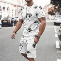 Edvintorg Men 2 Piece Outfits Sets 2025 Trendy Hawaiian Print Short Sleeves Casual Beach Short Sleeve Round-Neck Shirts and Shorts Sets Man Clothes White XL