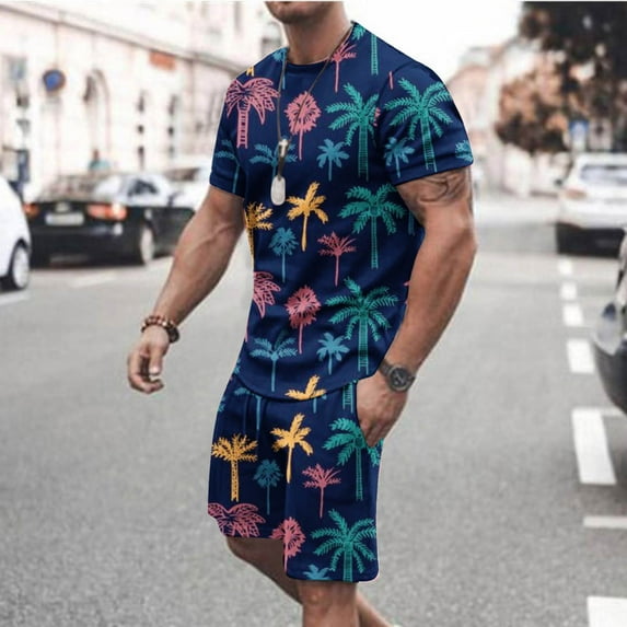 Edvintorg Men 2 Piece Outfits Sets 2025 Trendy Hawaiian Print Short Sleeves Casual Beach Short Sleeve Round-Neck Shirts and Shorts Sets Man Clothes Blue XXXL
