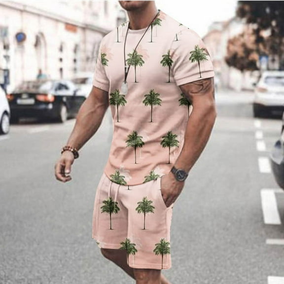 Edvintorg Men 2 Piece Outfits Sets 2025 Trendy Hawaiian Print Short Sleeves Casual Beach Short Sleeve Round-Neck Shirts and Shorts Sets Man Clothes L