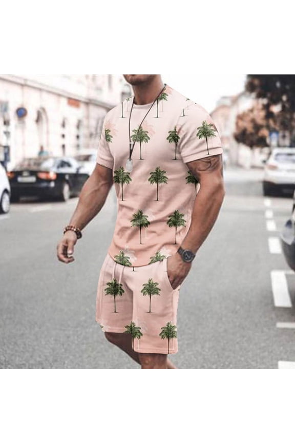 Men 2 Piece Outfits Sets 2025 Trendy Hawaiian Print Short Sleeves Casual Beach Short Sleeve Round-Neck Shirts and Shorts Sets Man Clothes XL