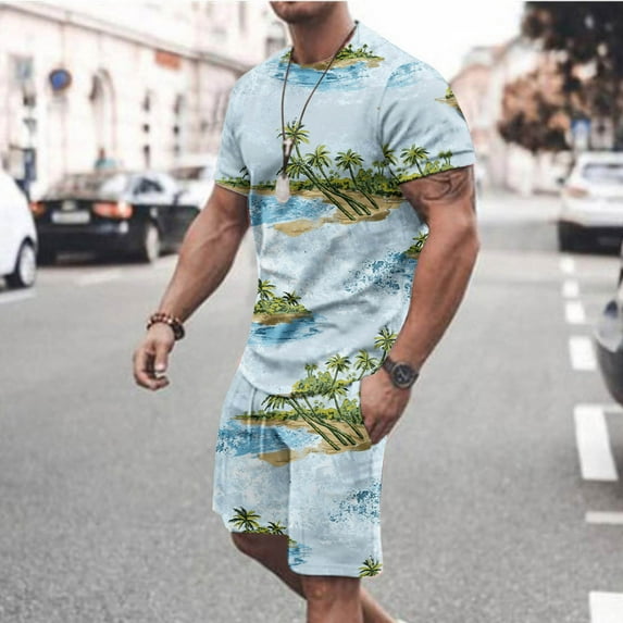 Edvintorg Men Hawaiian Shirts and Shorts Set 2 Piece Set Men Print Short Sleeves Casual Beach Short Sleeve Round-Neck Shirts Shorts Two Piece Men Sets White L