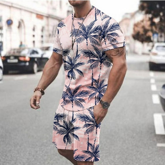 Edvintorg Men Hawaiian Shirts and Shorts Set 2 Piece Set Men Print Short Sleeves Casual Beach Short Sleeve Round-Neck Shirts Shorts Two Piece Men Sets XXXXL