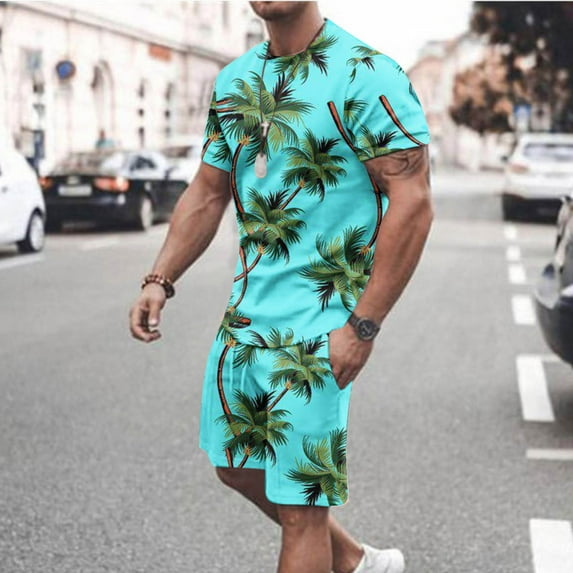 Edvintorg Men Hawaiian Shirts and Shorts Set 2 Piece Set Men Print Short Sleeves Casual Beach Short Sleeve Round-Neck Shirts Shorts Two Piece Men Sets Green L