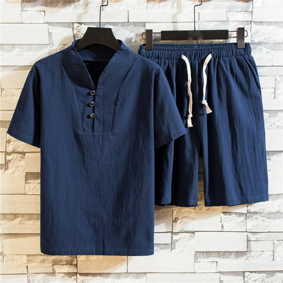 Summer Savings Clearance! Edvintorg Men Short Sets Outfits 2 Piece Plus Size Men's Clothing Solid Color Casual V-Neck Beach Drawstring Short Sleeve Shirt Shorts Set Vacation Outfits Navy XXXXL