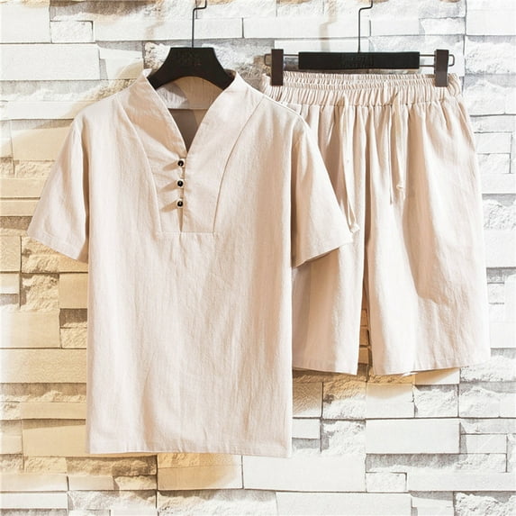 Summer Savings Clearance! Edvintorg Men Short Sets Outfits 2 Piece Plus Size Men's Clothing Solid Color Casual V-Neck Beach Drawstring Short Sleeve Shirt Shorts Set Vacation Outfits Khaki XXXXXL