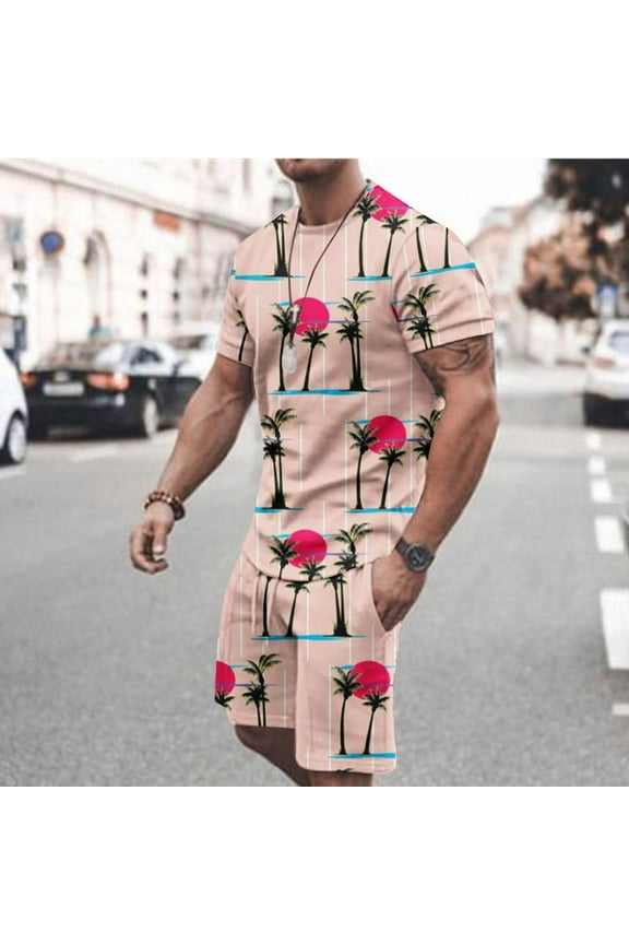 Mens 2 Piece Outfits Summer Plus Size Fashion Suits Hawaiian Print Short Sleeves Casual Beach Short Sleeve Round-Neck Shirts and Shorts Sets XL