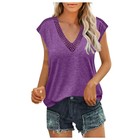 Summer Savings Clearance! Edvintorg Mothers Day Gifts Women's Summer Solid Color Sleeveless Blouses Summer Lace V Neck T-Shirts Tops