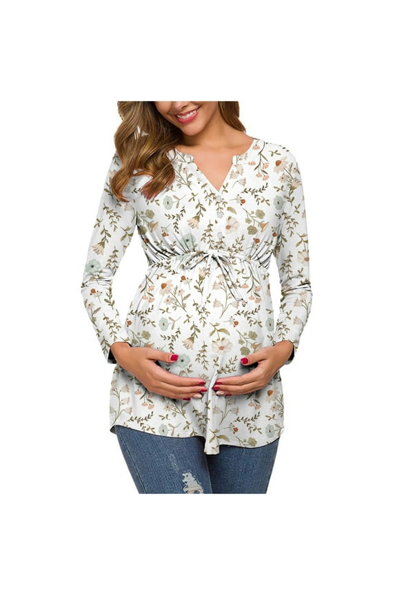 Nursing Clothes for Women Breastfeeding Fashion Flowers Leaf Print Long Sleeve Waistband Maternity Nursing Top Pregnant Clothes