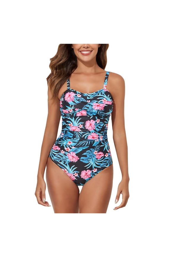 One Piece Swimsuit Women Flower Printed Front Ruched Swimwear Bathing Suit Monokini Back Adjustable Strap Athletic Swimwear