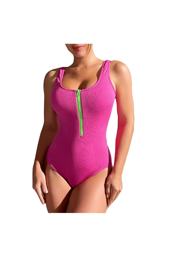 One Piece Swimsuit for Women Solid Scoop Neck Zipper Sleeveless Bathing Suit Sexy Slimming Swimsuits Athletic Swimwear