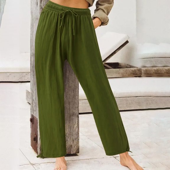 Edvintorg Pants for Women Plus Size Fashion Womens Casual Elastic Loose Fit Pants Straight Wide Leg Trousers Pants with Drawstring Army Green L