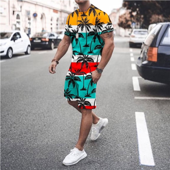 Edvintorg Plus Size Outfits for Men Hawaiian Print Short Sleeves Casual Beach Short Sleeve Shirts and Shorts Sets 2 Piece Outfits for Men Summer Yellow XL