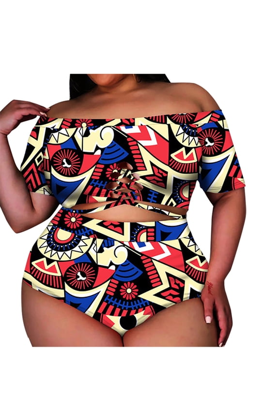 Plus Size Swimsuit for Women One Shoulder Push-Up Padded Overlay Print Bikini Tankinis Tops Swimsuit with Bottom Tummy Control Swimwear