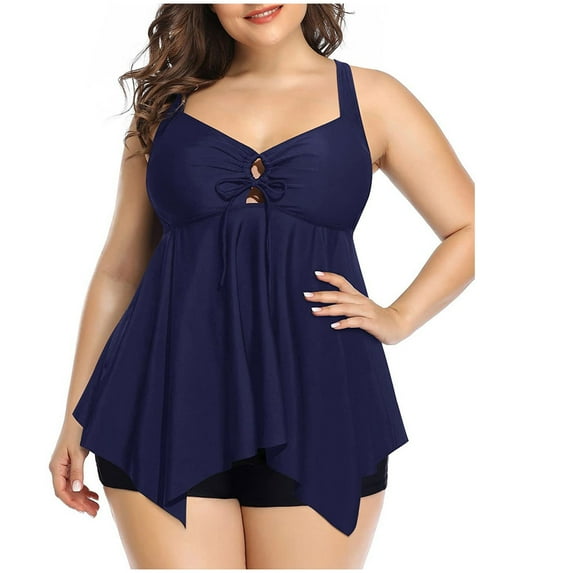 Edvintorg Plus Size Two Piece Swim Tankini with Boyshorts for Women Swimsuits Solid Color Flowy Bathing Suits Athletic Swimwear