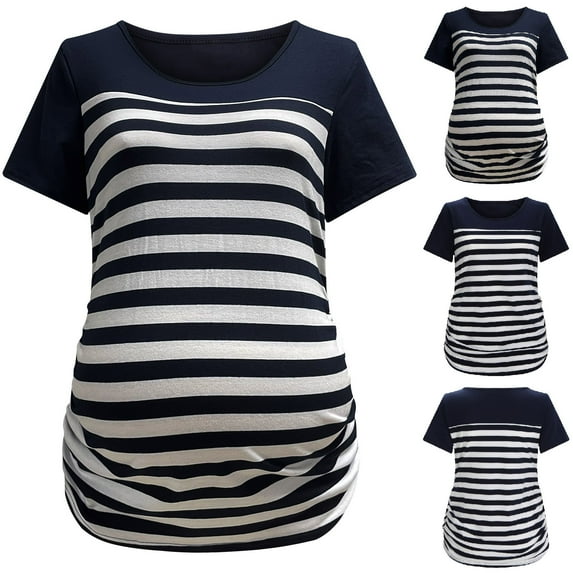 Summer Savings Clearance! Edvintorg Pregnant Women Clothing Stripe Patchwork Round Neck Short Sleeve Side Ruched Blouse Tops T-Shirt Maternity Clothes
