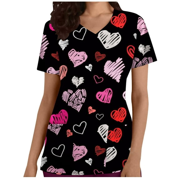 Edvintorg Scrubs Tops for Women Fashion 2025 Woman Short Sleeve V-Neck Printing Blouse Causal Pullover Pockets Tops