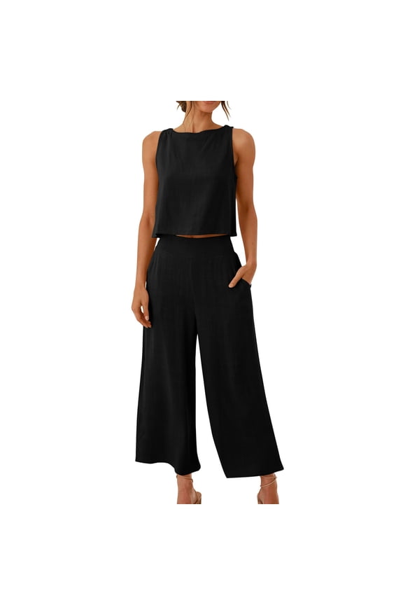 Sets for Women Clothing Summer 2Pc Fashion Woman Round Neck Solid Sleeveless Blouse +Loose Pockets Pants Sets Black S