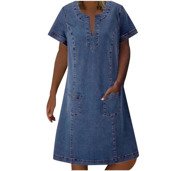 Edvintorg Short Sleeve Denim Dress for Women 2025 Trendy Women's Summer Loose V-Neck Mid Calf Jean Dress with Pockets Plus Size Clothings Blue XL