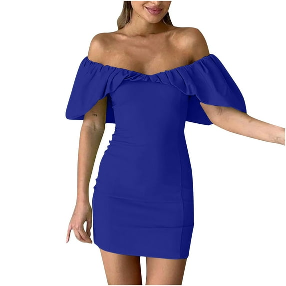 Edvintorg Off Shoulder Dress Fashion Women Sexy Bodycon Dresses Short Sleeve Strapless Backless Tube Top Evening Mini Dress Blue S