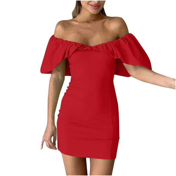 Edvintorg Off Shoulder Dress Fashion Women Sexy Bodycon Dresses Short Sleeve Strapless Backless Tube Top Evening Mini Dress Red XXL