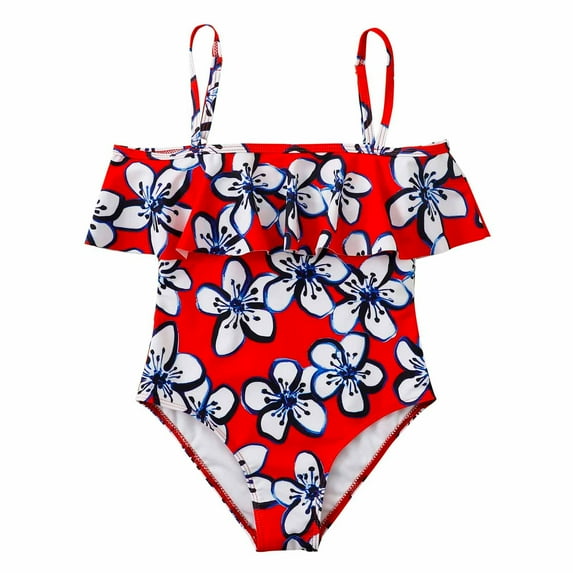 Edvintorg Sleeveless Swimwear Kids Girl Children's Swimsuit Flower Off The Shoulder Surfing One-Piece Swimsuit Bathing Suit Swimming Suit 8-14 Years