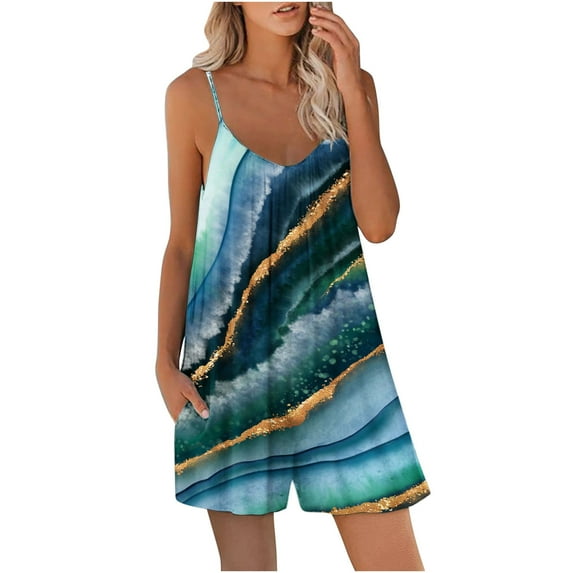 Edvintorg Spaghetti Strap Short Rompers for Women Summer Leisure Printing Jumpsuit Loose Shorts with Pockets Jumpsuit Festival Outfit Women