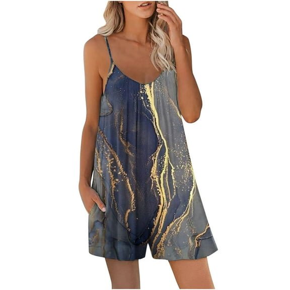 Edvintorg Spaghetti Strap Short Rompers for Women Summer Leisure Printing Jumpsuit Loose Shorts with Pockets Jumpsuit Festival Outfit Women