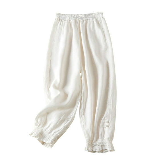 Edvintorg Streetwear 90S Vintage Clothes Women's Pants Solid Color Casual Literary and Artistic Revival Disc Buckle Lace Splicing Cotton and Linen Ninth Pants White M