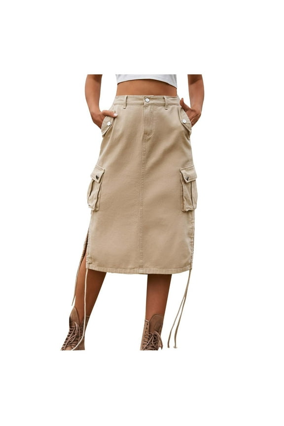 Streetwear Cargo Midi Skirts Women Summer Denim Work Skirt with Pockets Harajuku Vintage Casual Mid-Length Skirt for Women Multi-color XXL