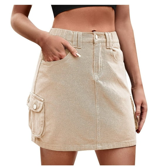 Edvintorg Streetwear Cargo Skirts Women Sexy Mini Jean Denim Skirts Short Skirt Summer Casual Work Skirt with Pockets Khaki XL