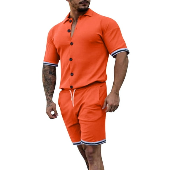 Summer Savings Clearance! Edvintorg Streetwear Men's Cotton Linen Single-Breasted Unhooded Casual Sports Suit Short Sleeve And Shorts Set 2 Piece Oversized Clothing