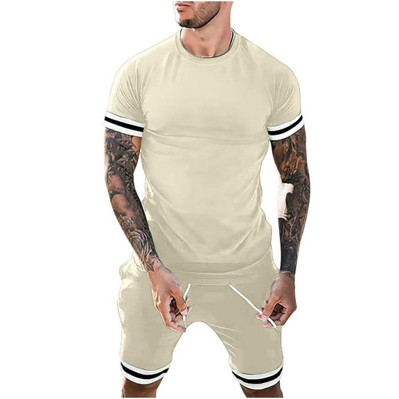 Edvintorg Summer 2 Piece Outfit for Men Casual Round Neck Solid Short Sleeve T-Shirt Blouse and Short Set Streetwear Sports Suits