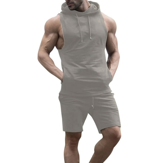 Edvintorg Summer 2 Piece Sportswear Outfit for Men Streetwear Fashion Sleeveless Hoodies Tops and Shorts Sets Two-Piece Sports and Leisure Tracksuit Suit