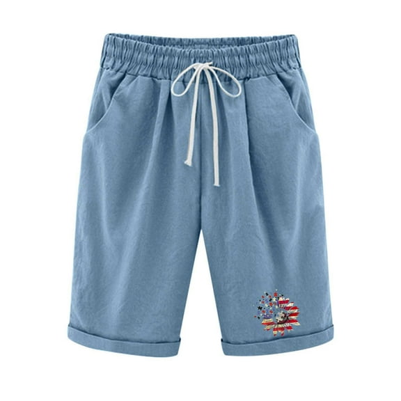 Edvintorg Summer Cotton Linen Shorts Women Harajuku High Waist Shorts Women's Print Five Points Casual Drawstring Pants Shorts with Pockets Blue M