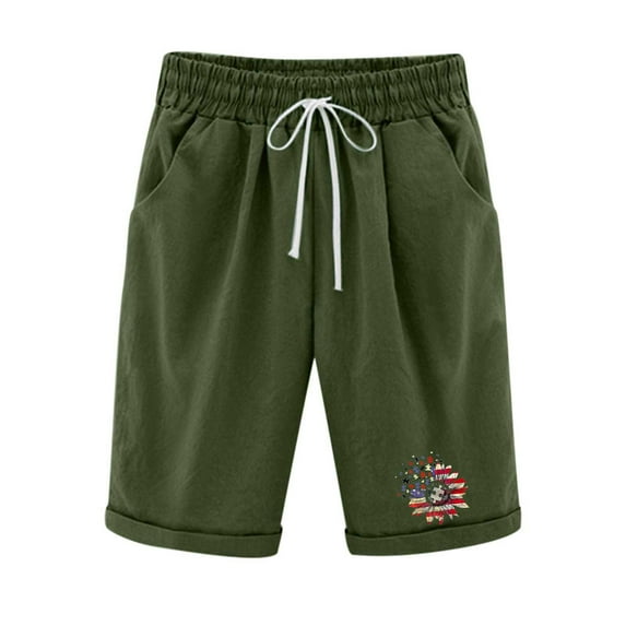Edvintorg Summer Cotton Linen Shorts Women Harajuku High Waist Shorts Women's Print Five Points Casual Drawstring Pants Shorts with Pockets Army Green M