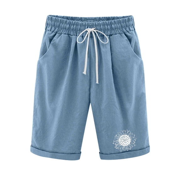 Edvintorg Summer Cotton Linen Shorts Women High Waist Shorts Women's Print Five Points Casual Drawstring Pants Shorts with Pockets Blue L