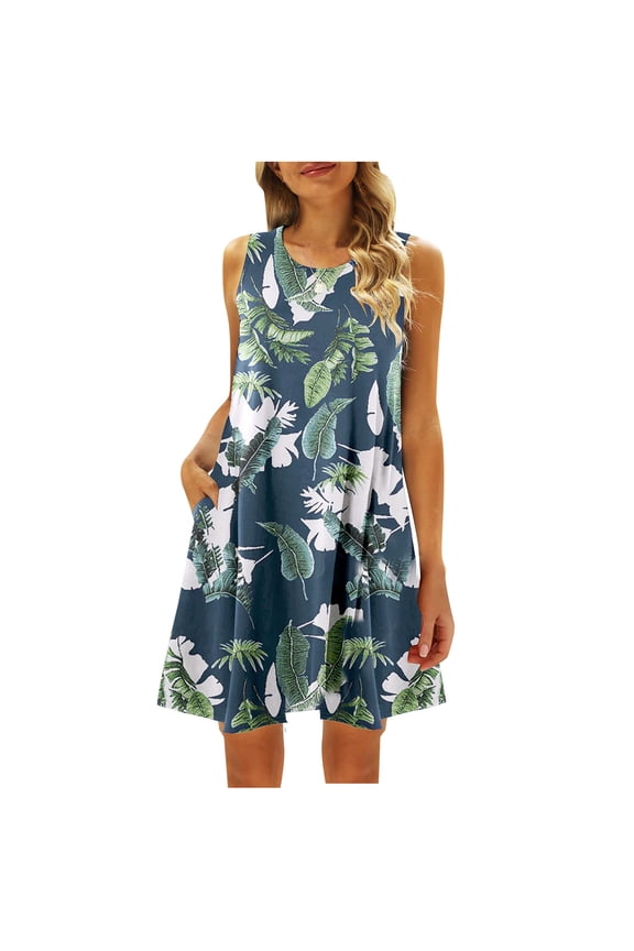Summer Dresses for Women Fashion Floral Tshirt Sundress Casual Beach Dresses with Pockets Boho Tank Dress