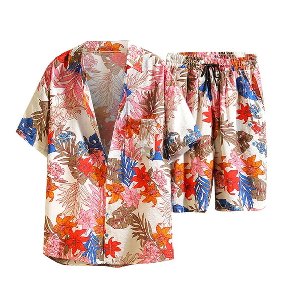 Summer Savings Clearance! Edvintorg Summer Men Hawaiian Sets Printing Short Sleeve Button Shirt Beach Shorts Two Set Streetwear Casual Holiday Men's 2 Piece Suit