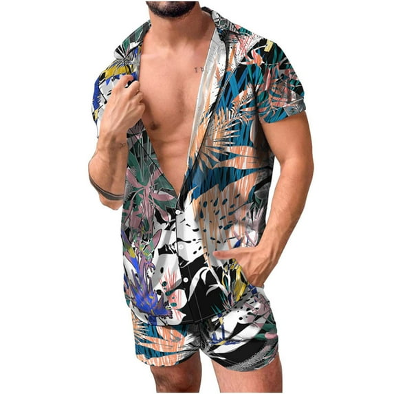 Summer Savings Clearance! Edvintorg Summer Men's Hawaiian Suit Short Sleeve Printed Button Shirt Beach Shorts Sets Street Casual Men's Suit 2 Pieces Men Clothing