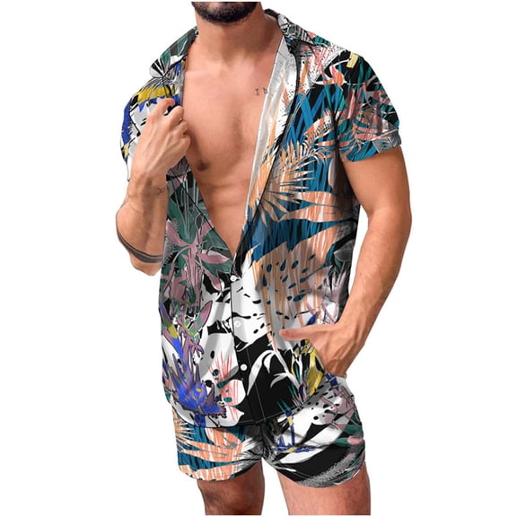 Edvintorg Summer Men's Hawaiian Suit Short Sleeve Printed Button Shirt Beach Shorts Sets Street Casual Men's Suit 2 Pieces Men Clothing